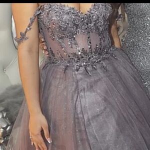 Elegant Gray Lace Evening Gown